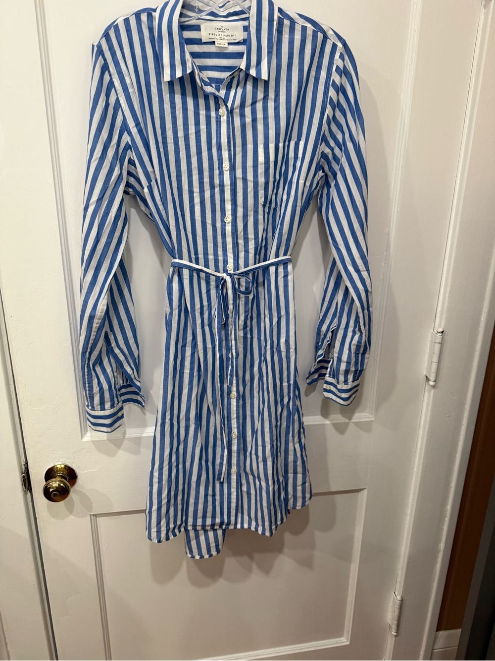 Trovata Birds of Paradis Cotton Long Sleeve Blue White Striped Shirt Dress M EUC